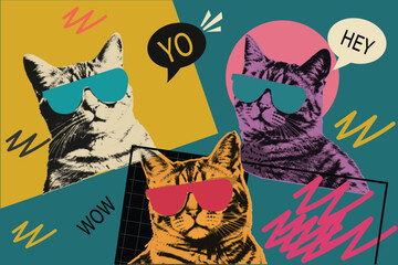 Halftone Pop Art Cool Cats Wearing Sunglasses in Retro Comic Style for Trendy Social Media Design