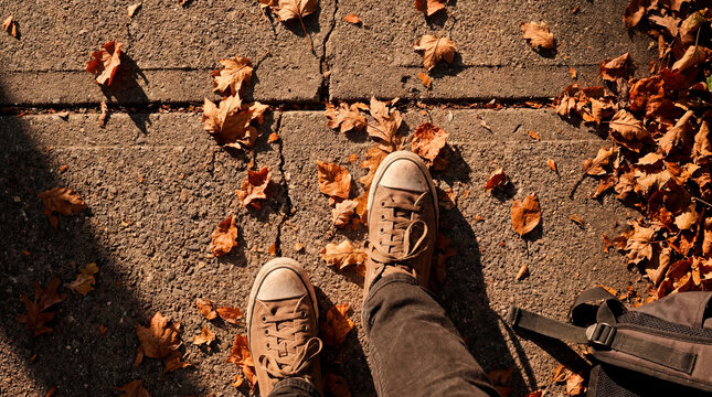 POV of sneakers on autumn leaves with backpack strap on school walk