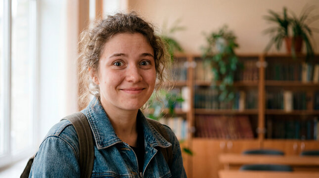 Young female student smiling in school library with backpack and denim jacket