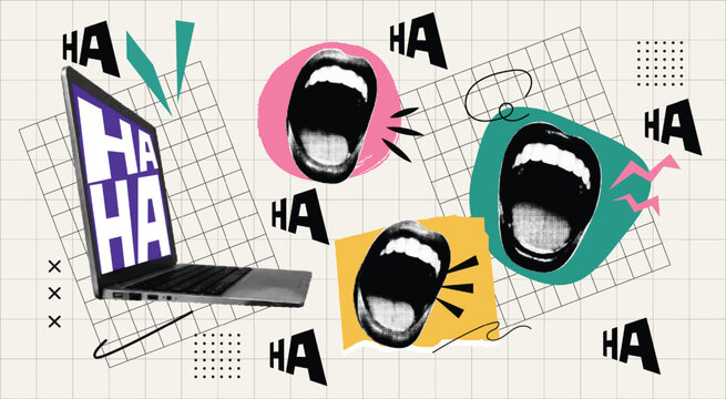 Halftone Pop Art Online Laughter Communication Concept with Laptop Screen and Comic Speech Elements