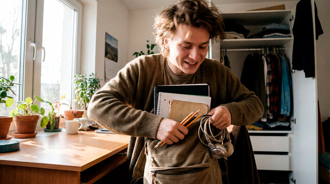 Student packing notebooks and headphones into backpack in tidy bedroom