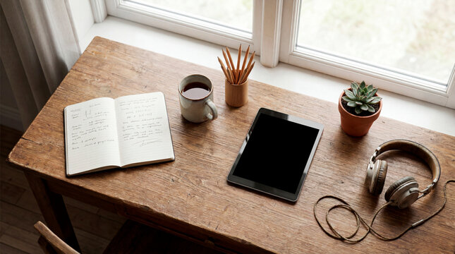 Minimal study desk with tablet notebook headphones and pencils by window