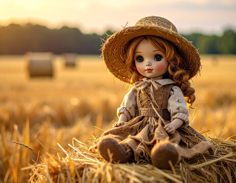Doll in straw hat sitting on hay bale in field