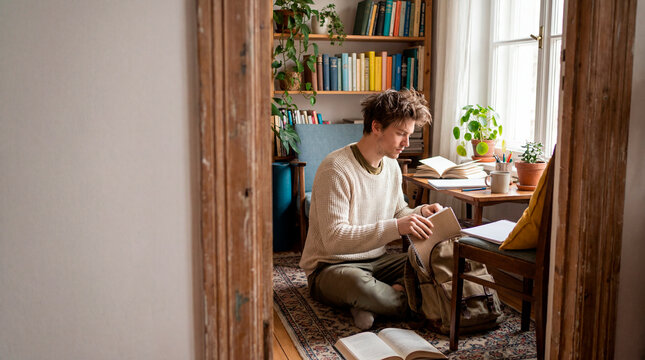 Young man packing his backpack on floor of book filled study room