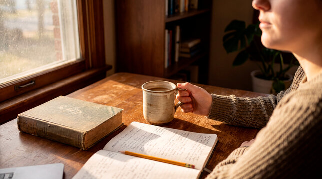 Reflective woman holding coffee and writing in journal by morning window