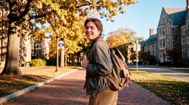 Engaged college student walking on autumn campus path with backpack near old buildings