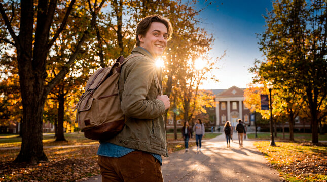 College student with backpack on campus path at golden autumn sunset