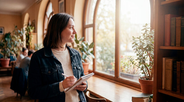 Young woman writing notes by sunlit library window with potted plants
