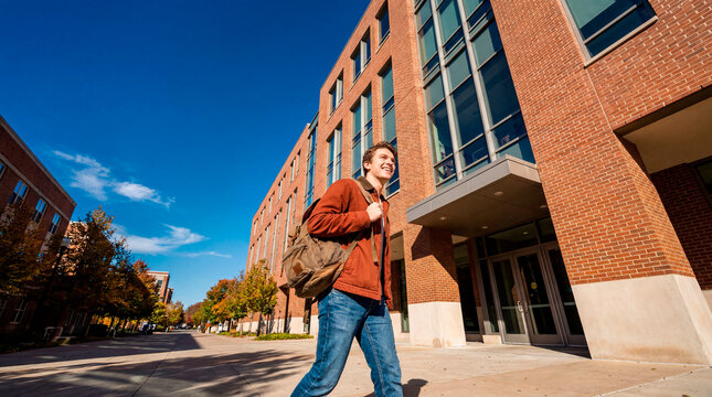Student walking past modern brick university building under blue sky