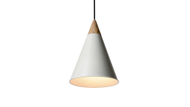 White cone pendant light with wooden accent, isolated on transparent background