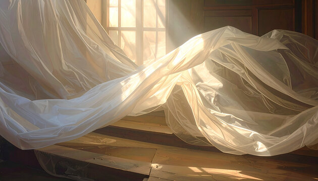Sunlight on sheer flowing curtain by window