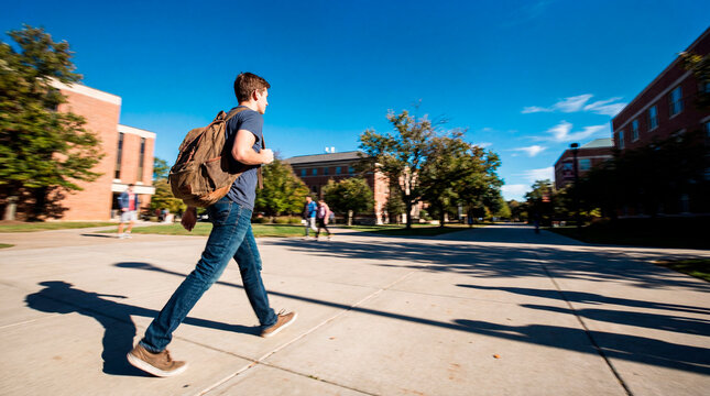 College student walking briskly across sunny campus plaza with backpack