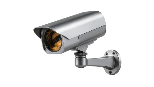 Silver security camera with adjustable bracket, isolated on transparent background