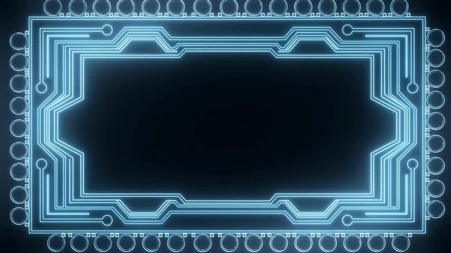 Tracking shot across glowing circuit board style panels revealing animated neon interface elements in futuristic digital hud background