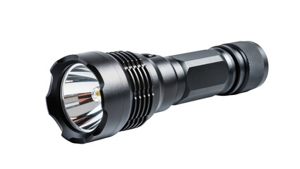 Black metal tactical flashlight with ribbed grip, isolated on transparent background © Claudia