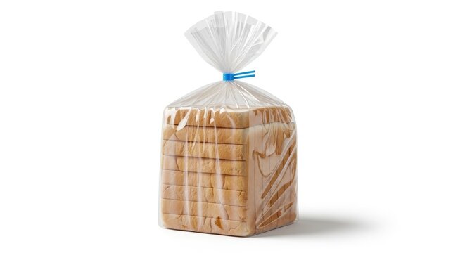 A loaf of sliced white bread in a clear plastic bag with a blue tie, isolated on white background
