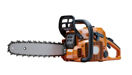 Naklejka premium Orange gasoline chainsaw with black handles, isolated on transparent background