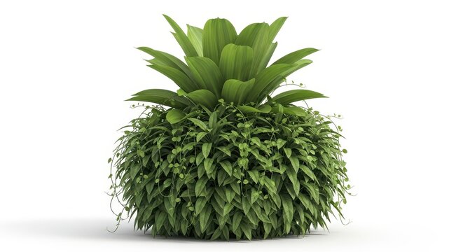 Decorative ornamental plant with broad green leaves and trailing vines in a spherical shape