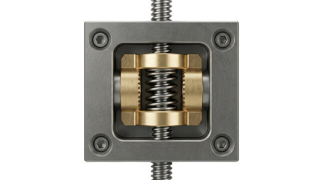 Mechanical spring mechanism with brass coils and metal housing on neutral backdrop.