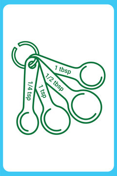 Green measuring spoons on white background with blue border