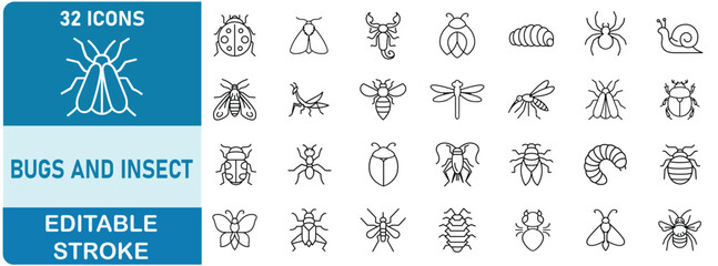 Bugs and Insects Icon Set. Contains icons related to insects, bugs, beetles, butterflies, bees, ants,worm, entomology and more. Editable stroke. Vector illustration. © PixiLine