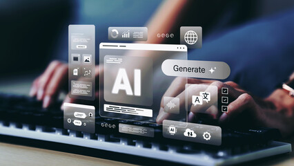 Business woman using ai content generation platform with multilingual translation, analytics dashboard, and automation tools for digital marketing, business communication, and smart workflow © Katawaredoki