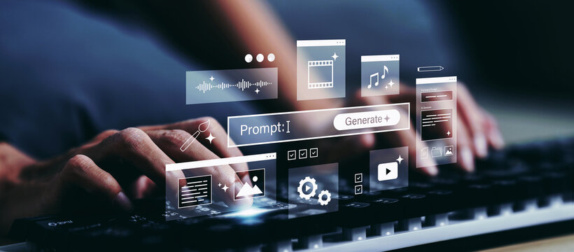 Business woman using ai prompt based multimedia content creation interface with audio waveform, video editor, image tools, and digital automation system on computer keyboard
