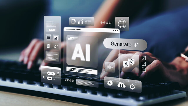 Business woman using ai content generation platform with multilingual translation, analytics dashboard, and automation tools for digital marketing, business communication, and smart workflow