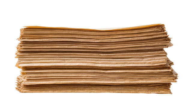 Thick stack of brown kraft paper sheets, isolated on transparent background