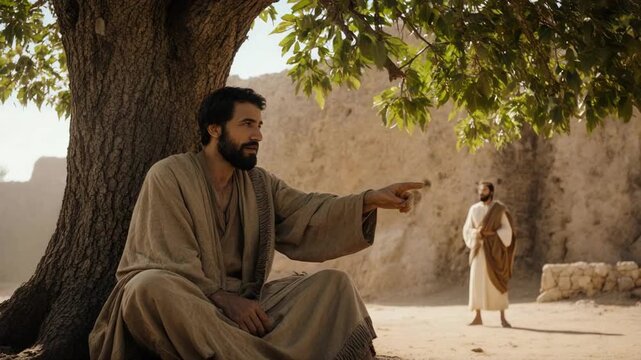 Philip calling Nathanael under a tree. Biblical scene of disciples in ancient Israel. Christian story concept
