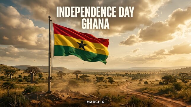 Independence day ghana march 6 poster with national flag waving over african savanna plains.