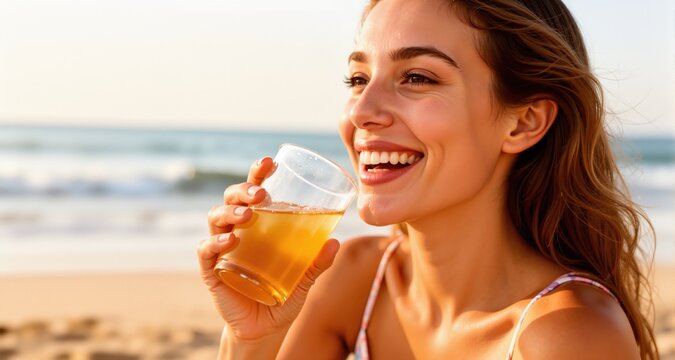 Close-up portrait of a beautiful happy young woman drinking on a beach. Summer vacation concept.
