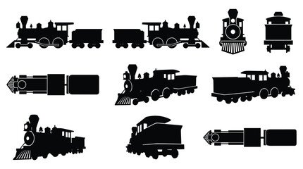 Vintage Steam Locomotive Silhouette Set — Classic Western Train Engine Railway Vector Icons Isolated © selena