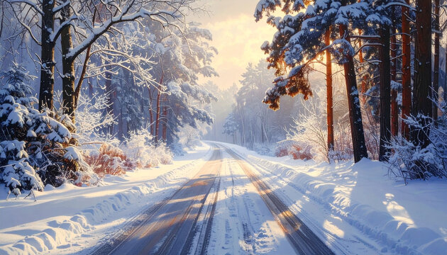 Snowy winter road with trees and sunlight