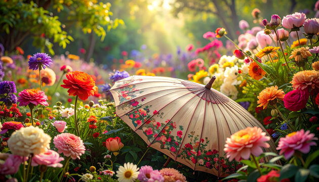 Vintage floral umbrella in flower garden scene