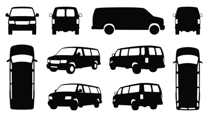 Passenger Minivan Silhouette Set — Family MPV Commercial Van Vehicle Vector Icons Isolated on White © selena