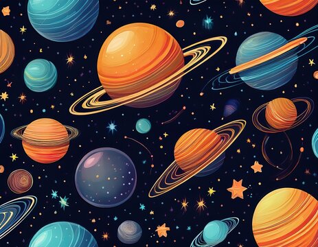 space seamless pattern with galaxy planets comets and constellations on dark background