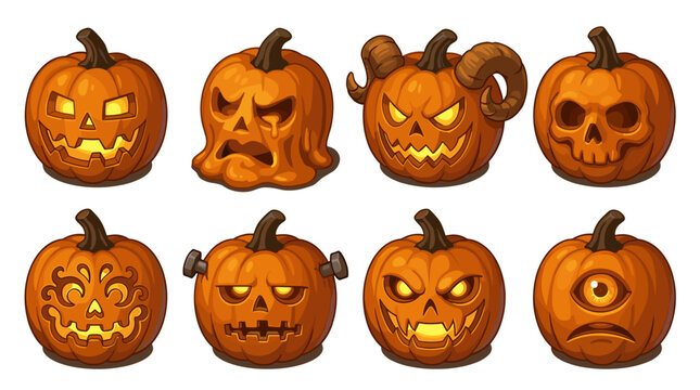 A collection of eight carved pumpkins with diverse spooky and monstrous faces, glowing from within, perfect for Halloween.