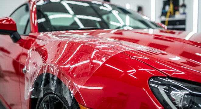 Car washing process with soap foam on red sports vehicle in bright daylight