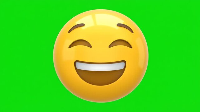 Happy yellow smiley face emoji with a wide open mouth and closed eyes on a green screen background