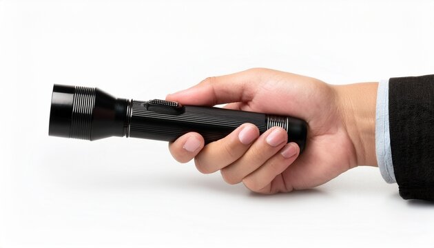 hand holding a black flashlight or a torch isolated on white or white background
