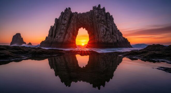 A massive stone arch towers over the shoreline, reflected in a still tide pool at sunset as misty waves crash against the rugged cliffs, ocean, atmospheric, reflection