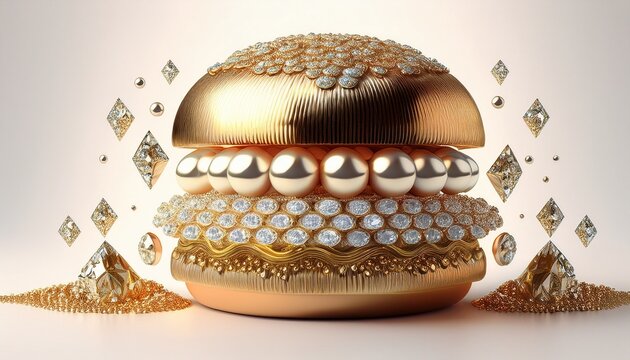 luxury burger with diamonds pearls and gold leaf layers exploded view creative food art concept on white background