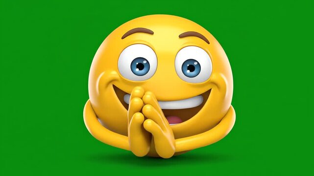 Smiling yellow emoji character with hands clasped together in a hopeful or pleading gesture against a green background