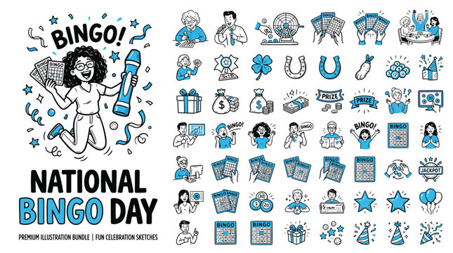 National Bingo Day illustration bundle, 40 hand drawn bingo icons and celebration sketches, blue and black gambling vector set