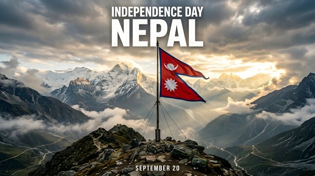 Independence day nepal text with nepalese flag on mountain peak with cloudy sky background.