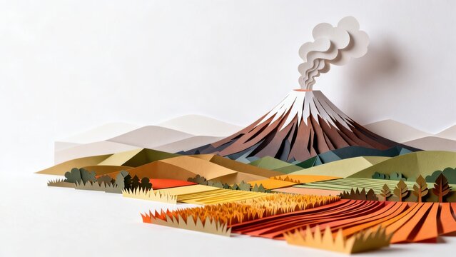 Paper art landscape with volcano