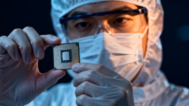 Person in protective gear holding microchip