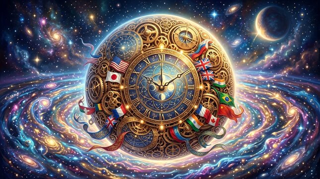 Intricate golden cosmic clock orbiting a vibrant galaxy.
