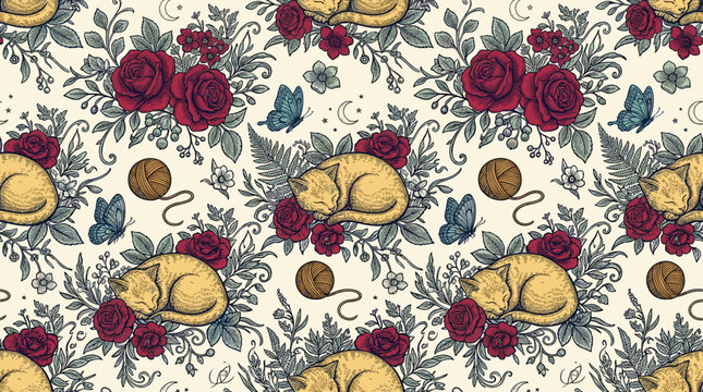 Vintage seamless pattern with sleeping cats dark red roses vibrant butterflies and whimsical elements for fabric design